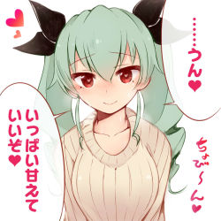 Rule 34 | 10s, 1girl, akitsuchi shien, anchovy (girls und panzer), bad id, bad pixiv id, blush, casual, closed mouth, drill hair, girls und panzer, green hair, hair ribbon, heart, heart-shaped pupils, long hair, looking at viewer, motherly, portrait, red eyes, ribbed sweater, ribbon, smile, solo, sweater, symbol-shaped pupils, translated, twin drills, twintails
