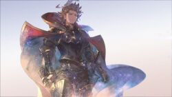Rule 34 | 1boy, armor, armored boots, belt, black belt, black gloves, black pants, blonde hair, boots, cape, chest armor, closed mouth, gloves, granblue fantasy, highres, male focus, minaba hideo, official art, pants, pauldrons, scabbard, seofon (granblue fantasy), sheath, sheathed, short hair, shoulder armor, solo, spiked hair, weapon, white cape