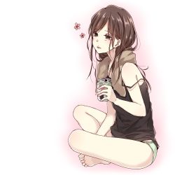 Rule 34 | 1girl, brown eyes, brown hair, camisole, can, commentary, green panties, holding, indian style, long hair, original, panties, simple background, sitting, solo, strap slip, towel, towel around neck, underwear, underwear only, yamasuta