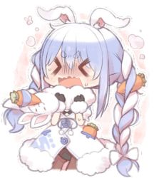 Rule 34 | 1girl, 1other, animal ear fluff, animal ears, black gloves, black leotard, blue hair, blush, bow, braid, carrot, carrot hair ornament, chibi, closed eyes, coat, commentary, d:, don-chan (usada pekora), food-themed hair ornament, fur-trimmed coat, fur-trimmed gloves, fur trim, furrowed brow, gloves, hair ornament, hands up, hololive, kuro (kuroneko no kanzume), leotard, long hair, open mouth, pantyhose, print coat, rabbit ears, rabbit girl, revision, shaded face, short eyebrows, strangling, sweat, thick eyebrows, trembling, twin braids, twintails, usada pekora, usada pekora (1st costume), virtual youtuber, wavy mouth, white coat