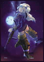 Rule 34 | 1girl, aircraft, airplane, artist name, black panties, blonde hair, blue eyes, blue jacket, breasts, carla cugnasca, erica (naze1940), flying, from behind, full moon, gun, highres, jacket, long hair, long sleeves, looking at viewer, looking back, medium breasts, military, military uniform, milky way, moon, night, no pants, panties, sky, solo, star (sky), starry sky, strike witches (lionheart witch), striker unit, submachine gun, underwear, uniform, weapon, world witches series