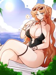Rule 34 | 1girl, absurdres, ashy (dankestsin), bare shoulders, black one-piece swimsuit, blue sky, boat, breasts, bush, cleavage, cloud, crossed legs, druvis iii, eyewear on head, feet out of frame, green eyes, hand up, heart, highleg, highleg swimsuit, highres, large breasts, lens flare, long hair, looking at viewer, ocean, on chair, one-piece swimsuit, orange hair, plunging neckline, ponytail, pulling own clothes, reverse:1999, semi-circular eyewear, sitting, sky, smile, solo, spaghetti strap, sparkle, spoken heart, strap pull, sun, sunglasses, swimsuit, thigh strap, very long hair, watercraft