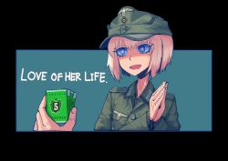 Rule 34 | 1girl, :d, blonde hair, blue eyes, cigarette pack, english text, erica (naze1940), hat, heart, heart-shaped pupils, highres, military, open mouth, original, own hands together, short hair, smile, soldier, symbol-shaped pupils