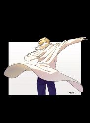 Rule 34 | 1boy, blonde hair, blue pants, coat, denim, fate/stay night, fate (series), from behind, fur collar, gilgamesh (fate), hal (haaaalhal), jeans, male focus, pants, solo, white coat