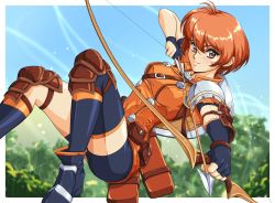 Rule 34 | 1girl, action, arrow (projectile), asymmetrical legwear, bike shorts, border, bow (weapon), breasts, closed mouth, day, drawn bow, fire emblem, fire emblem: three houses, fire emblem warriors: three hopes, forest, highres, knee pads, leonie pinelli, looking at viewer, medium breasts, nature, nintendo, orange eyes, orange hair, outdoors, outside border, short hair, single thighhigh, sirknightbot, solo, thighhighs, weapon, white border