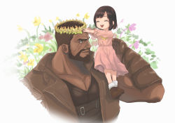 Rule 34 | 1boy, 1girl, barret wallace, beard, black shirt, bob cut, brown eyes, brown hair, brown vest, child, closed eyes, dark-skinned male, dark skin, dress, facial hair, facial scar, father and daughter, final fantasy, final fantasy vii, final fantasy vii remake, flower, full body, gloves, head wreath, highres, marlene wallace, muscular, muscular male, open mouth, parted bangs, pectorals, pink dress, scar, scar on cheek, scar on face, shirt, short hair, sitting on shoulder, smile, square enix, upper body, very short hair, vest, yufei1236