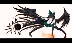 Rule 34 | 1girl, absurdly long hair, alternate weapon, arm cannon, asymmetrical footwear, black hair, black thighhighs, bow, breasts, cleavage, female focus, fire, gmot, highres, letterboxed, long hair, mismatched footwear, open mouth, plaid, radiation symbol, red eyes, reiuji utsuho, skirt, solo, symbol-shaped pupils, thighhighs, touhou, very long hair, weapon, wings, zettai ryouiki