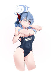 Rule 34 | 1girl, absurdres, ako (blue archive), alternate costume, blue archive, blue eyes, blue hair, blue halo, blush, breasts, cleavage, clothes pull, covered navel, cowboy shot, hair between eyes, hairband, halo, highres, komasi, large breasts, long hair, looking at viewer, mole, mole under eye, name tag, one-piece swimsuit, one-piece swimsuit pull, school swimsuit, simple background, solo, swimsuit, thighs, undersized clothes, wardrobe malfunction