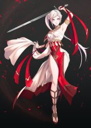 Rule 34 | 1girl, alternate costume, alternate hairstyle, arm up, armlet, bare shoulders, black background, bracelet, closed mouth, commentary request, dancer, dancer (fire emblem: three houses), dress, edelgard von hresvelg, fire emblem, fire emblem: three houses, floating hair, highres, holding, holding sword, holding weapon, jewelry, long hair, looking at viewer, mueririko, nail polish, necklace, nintendo, pelvic curtain, ponytail, purple eyes, shawl, side ponytail, silver hair, single-shoulder dress, smile, solo, sword, toenail polish, toenails, weapon, white dress
