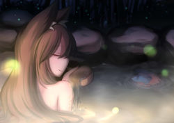 Rule 34 | 2girls, absurdres, animal ears, back, bamboo, bamboo forest, bathing, bow, bowl, brown hair, dior-zi, disembodied head, closed eyes, fingernails, fireflies, floating, forest, grass, hair bow, highres, imaizumi kagerou, light, light particles, long hair, multiple girls, nature, night, nude, onsen, pouring, red hair, rock, sekibanki, smile, touhou, wolf ears