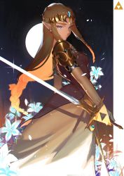 Rule 34 | 1girl, absurdres, armor, blue eyes, brown hair, dress, elbow gloves, flower, gloves, hair ornament, highres, holding, holding sword, holding weapon, kkaags, long hair, looking at viewer, moon, nintendo, pointy ears, princess zelda, shoulder armor, solo, sword, the legend of zelda, the legend of zelda: twilight princess, triforce, weapon, white gloves