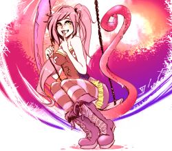 Rule 34 | boots, borrowed character, corset, delilah (zweist oc), frills, lace-up boots, leggings, mrbudguy, original, pink hair, side ponytail, skirt, smile, striped legwear, swing, tentacles, yellow eyes