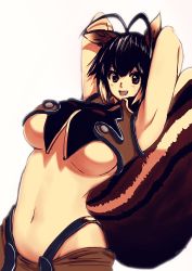 Rule 34 | 1girl, animal ears, antenna hair, arms behind head, bad id, bad pixiv id, blazblue, breasts, colorized, crop top, highleg, highres, huge breasts, makoto nanaya, mochi (mocho), navel, open mouth, short hair, solo, squirrel ears, squirrel tail, tail, underboob, white background