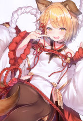 Rule 34 | 1girl, absurdres, animal ears, blush, breasts, choker, dog ears, dog tail, erune, granblue fantasy, hands up, highres, index finger raised, japanese clothes, looking at viewer, open mouth, pantyhose, rope, scan, shiny clothes, shiny skin, short hair, simple background, small breasts, smile, solo, tail, topia, vajra (granblue fantasy), white background, wide sleeves