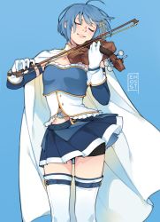 Rule 34 | 1girl, absurdres, ahoge, artist name, bike shorts, black shorts, blue background, blue hair, blue skirt, blush, breasts, cape, closed eyes, commentary, cowboy shot, detached sleeves, english commentary, enosst, fortissimo, gloves, hair ornament, highres, instrument, lips, mahou shoujo madoka magica, mahou shoujo madoka magica (anime), medium breasts, midriff, miki sayaka, miniskirt, music, musical note, musical note hair ornament, off-shoulder shirt, off shoulder, playing instrument, pleated skirt, shirt, short hair, shorts, shorts under skirt, simple background, skirt, smile, solo, strapless, thighhighs, thighs, tube top, violin, white cape, white gloves, white shirt, white thighhighs, zettai ryouiki