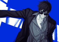 Rule 34 | 1boy, 8kai oxo7410, blue background, collarbone, collared shirt, cowboy shot, greyscale with colored background, grin, highres, jacket, long sleeves, looking at viewer, male focus, nicholas d. wolfwood, partially unbuttoned, shirt, short hair, smile, solo, standing, sunglasses, trigun, trigun stampede