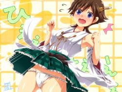 Rule 34 | 10s, 1girl, ^^^, armpits, bare shoulders, blue eyes, blush, brown hair, clenched hands, clothes lift, cowboy shot, detached sleeves, dutch angle, facing viewer, fundoshi, headgear, hiei (kancolle), japanese clothes, kantai collection, looking at viewer, mugicha (sukimachaya), nontraditional miko, short hair, skirt, skirt lift, solo, standing, tears, wavy mouth