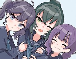 3girls ;o ^_^ aged_down ahoge black_hair black_shirt blue_neckerchief blush braid closed_eyes double_arm_hug dutch_angle gakuen_idolmaster green_hair hataya_misuzu idolmaster inuokina kaya_rinha looking_at_viewer mole mole_under_mouth multiple_girls neckerchief one_eye_closed purple_hair school_uniform serafuku shirt simple_background smile syngup!_(idolmaster) tsukimura_temari twin_braids upper_body white_background