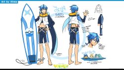 Rule 34 | 1boy, 2girls, afloat, anklet, barefoot, beads, blonde hair, blue hair, braid, character sheet, chibi, chibi inset, closed eyes, commentary, creatures (company), dive ball, full body, game freak, hair beads, hair ornament, hand on own hip, hatsune miku, highres, holding, holding surfboard, innertube, ixima, jammers, jewelry, kagamine rin, kaito (vocaloid), long sleeves, male swimwear, midriff, multicolored hair, multiple girls, nintendo, official art, open mouth, poke ball, poke ball (basic), poke ball print, pokemon, project voltage, red eyes, single braid, sleeveless, sleeveless jacket, smile, surfboard, swim ring, tan, tanline, translation request, twintails, two-tone hair, vocaloid, waist poke ball