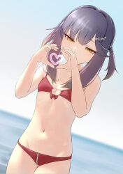 Rule 34 | 1girl, bikini, blurry, blurry background, blush, breasts, commentary, day, gradient hair, hair ornament, hairclip, half-closed eyes, heart, heart hands, highres, kantai collection, looking at viewer, multicolored hair, navel, o-ring, o-ring bikini, orange eyes, outdoors, purple hair, red bikini, revision, sakieko, sky, small breasts, solo, standing, stomach, swimsuit, tsushima (kancolle), two side up, zipper, zipper bikini