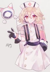 Rule 34 | 1girl, black gloves, blonde hair, braid, buttons, closed mouth, collared dress, dress, gloves, hair between eyes, hat, headset, highres, nurse, nurse cap, nurse robot type t, red eyes, short hair, side braids, simple background, smile, solo, sushiuma m, tank (container), two-tone gloves, utau, white background, white dress, white gloves, white hat