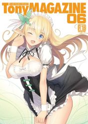 Rule 34 | blonde hair, blue eyes, breasts, butterfly hair ornament, cleavage, dress, elf, garter straps, gradient background, hair ornament, highres, long hair, looking at viewer, maid, original, pointy ears, simple background, solo, tony taka, very long hair