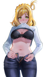 Rule 34 | 10s, 1girl, absurdres, black bra, black panties, blonde hair, blush, bra, breasts, cleavage, denim, green eyes, grey sweater, groin, highres, huge filesize, igarashi kyouhei, jeans, lace, lace-trimmed bra, lace-trimmed panties, lace trim, large breasts, love live!, love live! school idol project, love live! sunshine!!, medium hair, mouth hold, navel, nose blush, ohara mari, open fly, panties, pants, short hair, solo, standing, sweater, thighs, unbuttoned, underboob, underwear, unzipped, white background, zipper, zipper pull tab
