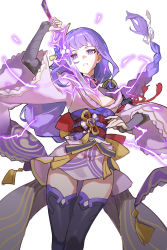 Rule 34 | 1girl, armor, braid, breasts, bridal gauntlets, cleavage, coattails, commentary, electricity, english commentary, flower, genshin impact, hair ornament, highres, holding, holding sword, holding weapon, human scabbard, japanese clothes, kimono, large breasts, long hair, long sleeves, looking at viewer, mitsudomoe (shape), mole, mole under eye, obi, obiage, obijime, open mouth, pagye, purple eyes, purple flower, purple hair, raiden shogun, ribbon, sash, shoulder armor, simple background, solo, sword, tassel, thighhighs, tomoe (symbol), weapon, white background, wide sleeves
