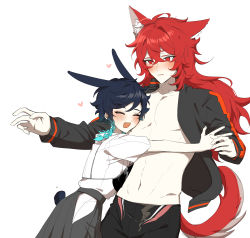 Rule 34 | 2boys, absurdres, animal ears, aqua hair, black hair, blouse, braid, breasts, diluc (genshin impact), fox ears, fox tail, genshin impact, hair between eyes, highres, hug, kkopoli, long hair, long sleeves, male focus, multicolored hair, multiple boys, muscular, muscular male, navel, open clothes, open mouth, open shirt, pants, rabbit tail, red eyes, red hair, shirt, simple background, skirt, stomach, tail, twin braids, venti (genshin impact), white background