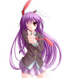 Rule 34 | 1girl, ;), absurdres, aiming, animal ears, bad id, bad pixiv id, female focus, highres, one eye closed, purple hair, rabbit ears, red eyes, reisen udongein inaba, shouyan, smile, solo, touhou, transparent background, wink