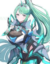 Rule 34 | 1girl, absurdres, breasts, chest jewel, earrings, gloves, greek text, green eyes, green hair, high heels, highres, jewelry, juneplums, large breasts, long hair, pneuma (xenoblade), ponytail, simple background, solo, swept bangs, tiara, very long hair, white background, xenoblade chronicles (series), xenoblade chronicles 2
