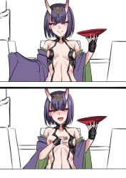 Rule 34 | 1girl, :d, bare shoulders, blush, breasts, clothes pull, clothing aside, comic, cup, eyeshadow, fate (series), hair between eyes, hair between horns, hand on own chest, hands up, highres, horns, japanese clothes, kimono, lc 7v2, long sleeves, makeup, medium hair, midriff, navel, nipples, off shoulder, oni, open mouth, pulling own clothes, purple eyes, purple hair, purple kimono, red eyeshadow, revealing clothes, sakazuki, shuten douji (fate), skin-covered horns, small breasts, smile, solo, upper body, wide sleeves