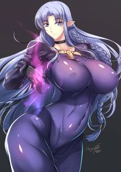 Rule 34 | 1girl, absurdres, breasts, medea (fate), dress, fate/stay night, fate (series), gloves, haganef, highres, huge breasts, long hair, pointy ears, purple dress, signature, smile