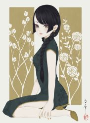 Rule 34 | 1girl, bare arms, black hair, braid, brown background, brown eyes, china dress, chinese clothes, closed mouth, dress, earrings, eyeliner, floral background, floral print, flower, from side, full body, green dress, hair over shoulder, high heels, highres, jewelry, long hair, looking at viewer, looking to the side, nail polish, original, print dress, red eyeliner, rose, seal impression, short sleeves, side slit, sidelocks, signature, sitting, solo, stiletto heels, swept bangs, twin braids, ushiyama ame, wariza, yellow footwear, yellow nails