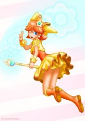 Rule 34 | 1girl, absurdres, boots, bow, breasts, brown hair, cosplay, crossover, earrings, flower earrings, full body, highres, jewelry, legs, looking at viewer, magical girl, mario (series), nintendo, one eye closed, precure, princess daisy, skirt, smile, solo, super mario bros. 1, super mario land, super smash bros., tomboy, upskirt, v, wand, wink