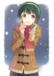 Rule 34 | 1girl, :d, can, coat, green hair, hairband, holding, idolmaster, idolmaster (classic), looking at viewer, mole, mole under mouth, open mouth, otonashi kotori, red eyes, scarf, short hair, skirt, smile, snowing, solo, t-okada, toggles