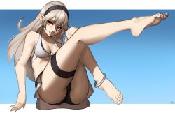 Rule 34 | 1girl, absurdres, anklet, ass, barefoot, bikini, bikini skirt, black hairband, breasts, cleavage, collarbone, commentary, corrin (female) (fire emblem), corrin (female) (summer) (fire emblem), corrin (fire emblem), english commentary, feet, fire emblem, fire emblem fates, fire emblem heroes, fire emblem if, grey hair, grin, hair between eyes, hairband, highres, jewelry, leg up, lips, long hair, looking at viewer, medium breasts, nintendo, official alternate costume, pink lips, pointy ears, red eyes, signature, simple background, sitting, skirt, smile, solo, swimsuit, teeth, toenails, toes, white bikini, white skirt, x xith x