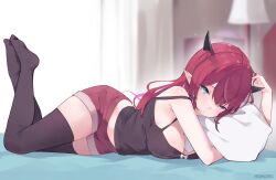 Rule 34 | 1girl, absurdres, aqua eyes, artist name, black horns, black tank top, black thighhighs, bow, breasts, demon girl, demon horns, heterochromia, highres, holding, holding pillow, hololive, hololive english, horns, irys (hololive), lamp, long hair, medium breasts, namiorii, on bed, pillow, pointy ears, purple eyes, red hair, red shorts, shorts, solo, tank top, thighhighs, white bow