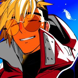 Rule 34 | 1boy, blonde hair, blue background, closed eyes, earrings, feathers, glasses, gradient background, grin, imo su p, jewelry, male focus, smile, solo, sunglasses, trigun, trigun stampede, turtleneck, undercut, upper body, vash the stampede