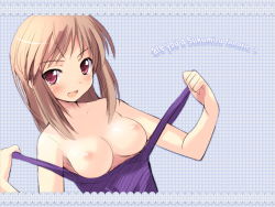 Rule 34 | 1girl, breasts, brown hair, clothes pull, light brown hair, medium breasts, nipples, one-piece swimsuit, one-piece swimsuit pull, original, pulled by self, purple one-piece swimsuit, purple school swimsuit, red eyes, school swimsuit, short hair, sikorsky, solo, swimsuit