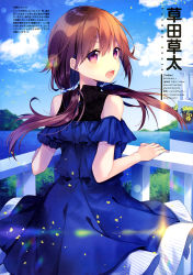 Rule 34 | 1girl, absurdres, blue dress, blurry, blurry background, brown hair, dress, floating hair, from behind, hair between eyes, highres, kusada souta, layered dress, long hair, looking back, low twintails, open mouth, original, outdoors, purple eyes, solo, twintails