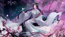 Rule 34 | 1girl, absurdres, black hair, branch, bug, butterfly, cherry blossoms, closed mouth, doupo cangqiong, dress, flower, flying, full body, garland (decoration), glowing butterfly, hair flower, hair ornament, highres, insect, long hair, long sleeves, night, outstretched hand, reaching, reaching towards viewer, sash, second-party source, sitting, smile, white dress, yun yun (doupo cangqiong), zacao tong