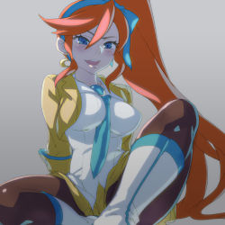 Rule 34 | &gt;:d, 1girl, :d, ace attorney, arm support, arms behind back, athena cykes, between breasts, black pantyhose, blue eyes, blue necktie, blush, breasts, brown hair, capcom, crescent moon, cropped jacket, earrings, foreshortening, grey background, hair between eyes, hair ribbon, impossible clothes, impossible shirt, jewelry, long hair, miniskirt, moon, naso4, necktie, open mouth, pantyhose, pendant, phoenix wright: ace attorney - dual destinies, ribbon, shirt, side ponytail, single earring, sitting, skirt, smile, spread legs, teeth, v-shaped eyebrows, very long hair, yellow skirt