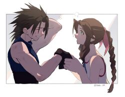 Rule 34 | 1boy, 1girl, aerith gainsborough, arm behind back, arm up, bare shoulders, black gloves, black hair, braid, braided ponytail, brown hair, bruise, bruise on arm, bruise on face, collarbone, commentary request, couple, crisis core final fantasy vii, dress, embarrassed, final fantasy, final fantasy vii, from side, gloves, green eyes, hair ribbon, holding hands, injury, long hair, looking at another, open mouth, parted bangs, parted lips, pink ribbon, ribbon, shirt, sidelocks, sleeveless, sleeveless shirt, sleeveless turtleneck, spiked hair, sweater, turtleneck, turtleneck sweater, twitter username, upper body, vani (hisha 04), white dress, zack fair
