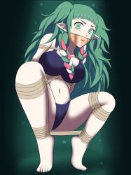 Rule 34 | 1girl, arms behind back, ass, bare shoulders, bdsm, blue panties, blush, bondage, bound, breasts, brown rope, cleavage, cloth gag, dankestofdans, eyeliner, feet, female focus, fire emblem, fire emblem: three houses, gag, gagged, green background, green eyes, green hair, highres, improvised gag, intelligent systems, large breasts, long hair, makeup, multicolored hair, navel, nintendo, panties, pink hair, pointy ears, rope, shiny clothes, shiny skin, sideboob, solo, sothis (fire emblem), spread legs, thick thighs, thighs, twintails, underwear, very long hair, white hair