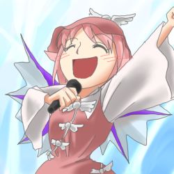 Rule 34 | 1girl, arm up, blush, closed eyes, female focus, hat, microphone, music, mystia lorelei, open mouth, pink hair, short hair, singing, solo, touhou, wide sleeves, wings