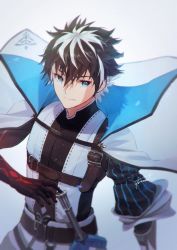 Rule 34 | 1boy, armor, black gloves, black hair, blue cloak, blue eyes, charlemagne (fate), cloak, closed mouth, commentary request, fate/extella, fate/extella link, fate/extra, fate/grand order, fate (series), fomnant, gloves, high collar, highres, long sleeves, looking at viewer, male focus, multicolored hair, short hair, simple background, smile, solo, sword, two-tone hair, upper body, weapon, white cloak, white hair