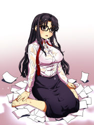 Rule 34 | 1girl, black hair, black skirt, blush, bra visible through clothes, breasts, commentary request, glasses, gradient background, hair intakes, highres, large breasts, long hair, long skirt, long sleeves, necktie, open mouth, paper, read or die, red necktie, sakaki imasato, see-through, shirt, simple background, sitting, skirt, solo, undone necktie, wariza, water, wet, wet clothes, white shirt, yomiko readman