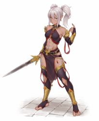 Rule 34 | 1girl, bad id, bad twitter id, bare shoulders, blue eyes, breasts, bridal gauntlets, cheshirrr, collarbone, commentary, commission, covered collarbone, dark-skinned female, dark skin, earrings, full body, gold trim, halterneck, highres, holding, holding weapon, jewelry, long hair, looking at viewer, medium breasts, midriff, navel, navel piercing, original, parted lips, pelvic curtain, piercing, pointy ears, scar, scar on arm, scar on leg, scar on stomach, shiny skin, simple background, sleeveless, solo, standing, stirrup legwear, stomach, sword, tattoo, thighhighs, thighs, toeless footwear, toeless legwear, toes, twintails, weapon, white hair