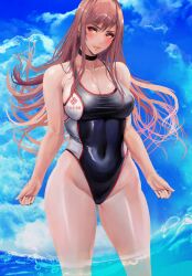 Rule 34 | 1girl, absurdres, bare shoulders, black choker, black one-piece swimsuit, blue sky, blush, breasts, choker, cleavage, clothes writing, collarbone, competition swimsuit, curvy, day, goddess of victory: nikke, highleg, highleg swimsuit, highres, kyel hyde, large breasts, light brown hair, logo, long hair, looking to the side, multicolored clothes, multicolored swimsuit, narrow waist, ocean, official alternate costume, one-piece swimsuit, orange eyes, parted lips, rapi (classic vacation) (nikke), rapi (nikke), shiny skin, sky, solo, standing, swimsuit, very long hair, wading, water, white one-piece swimsuit, wide hips